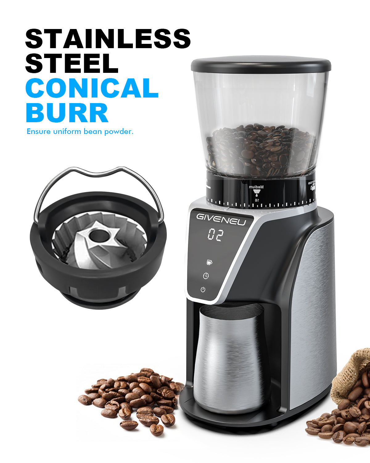 Best Burr Coffee Grinder 2021 with stainless steel jar Giveneu™